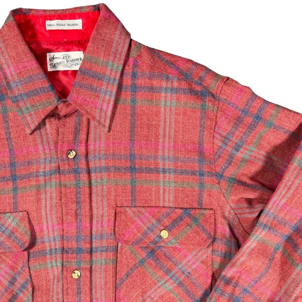 Vintage Sears Roebuck Flannel Shirt Mens L Plaid Red Acrylic Wool Quilted Lined